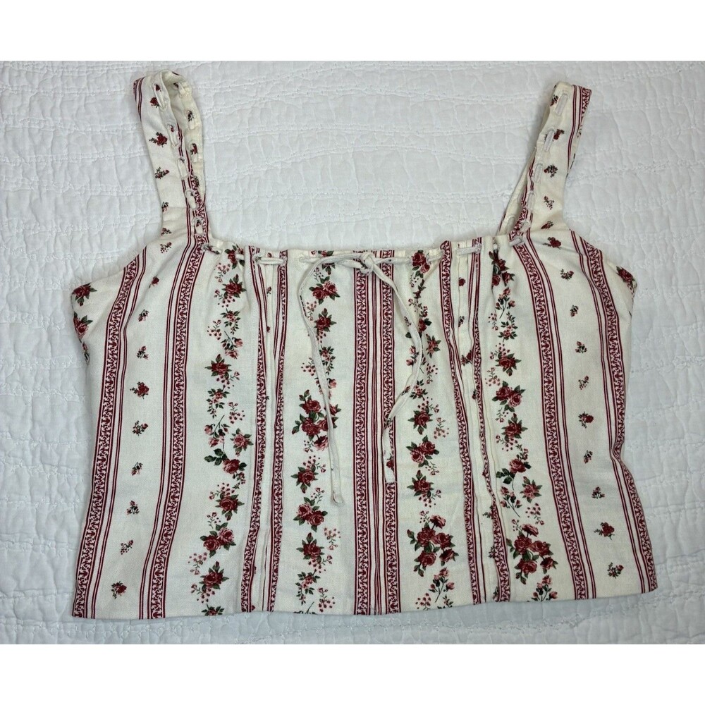 Joie cream crop tank Sz L rose stripe elastic cocquette cottage fairy see descri